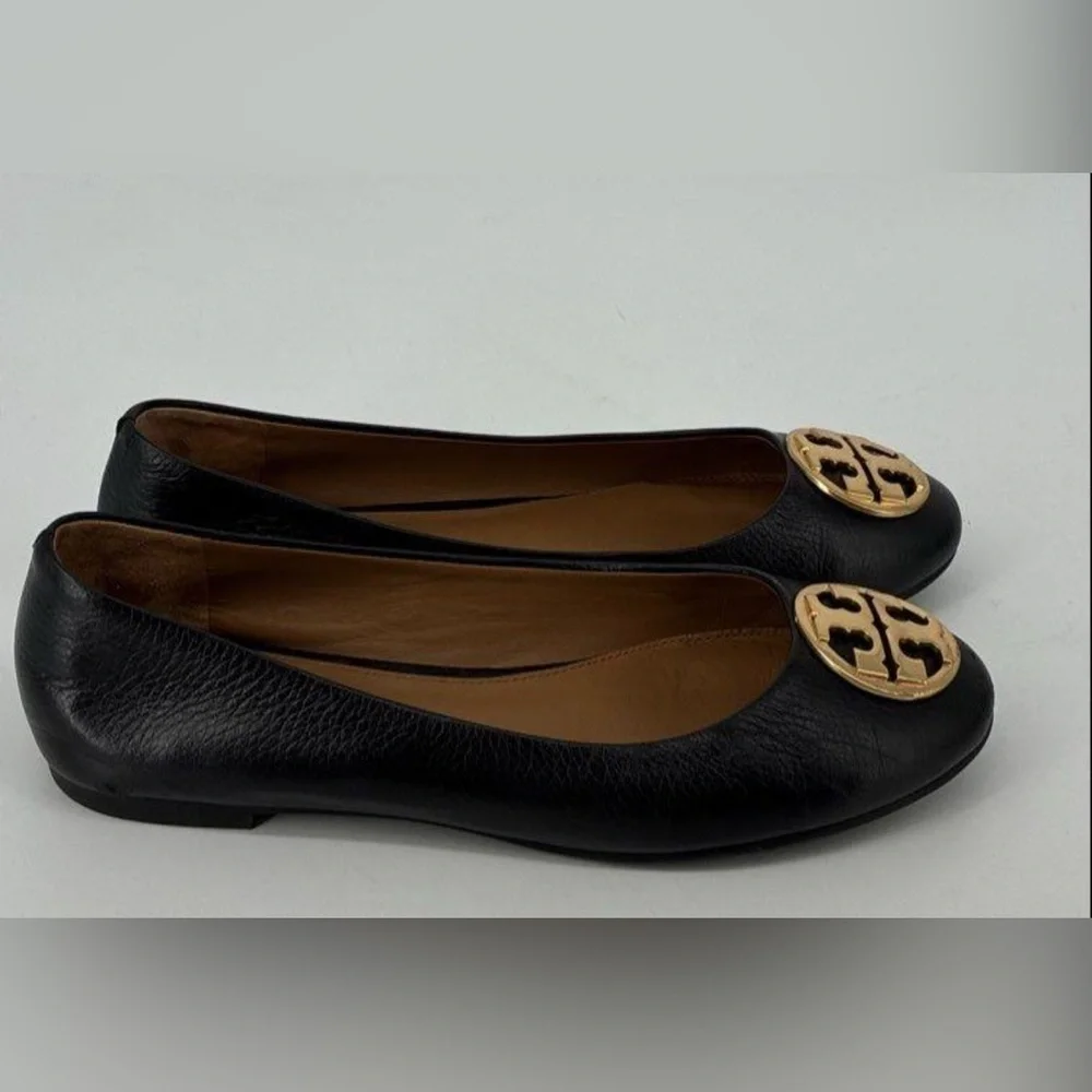 Tory Burch Benton Ballet Flats Shoes Black Nappa Leather Gold Tone Logo Size 6
